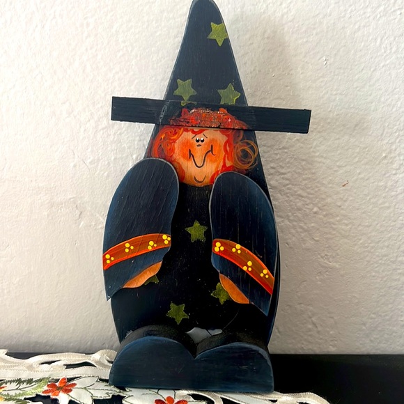 Witch & Black Cat Wood Statuettes Rustic Autumn Home Décor Tender Heart Treasure - Picture 3 of 9